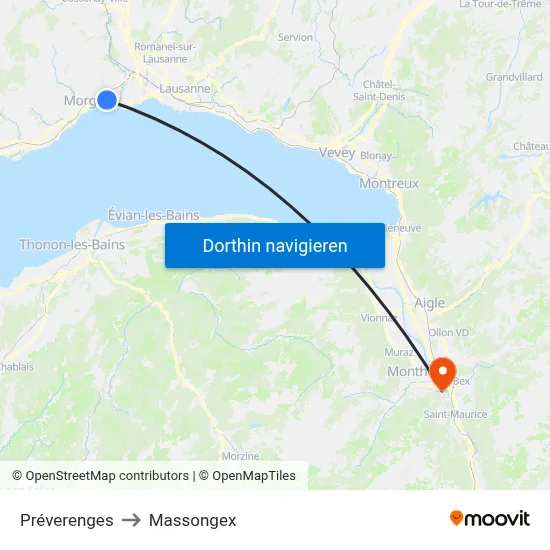 Préverenges to Massongex map