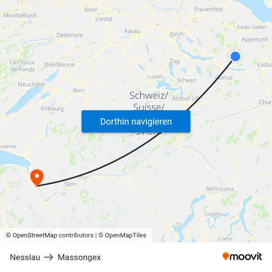 Nesslau to Massongex map
