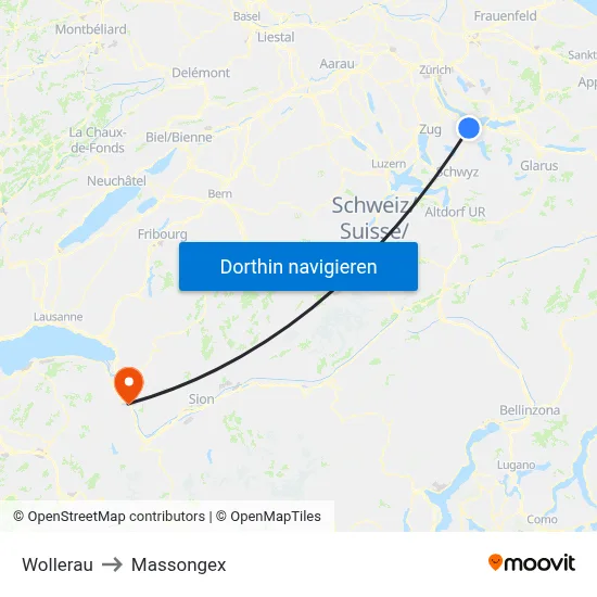 Wollerau to Massongex map