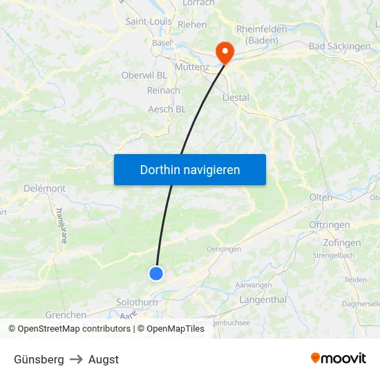 Günsberg to Augst map