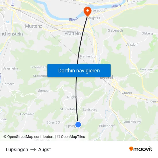 Lupsingen to Augst map