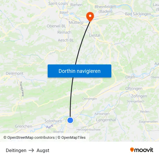 Deitingen to Augst map