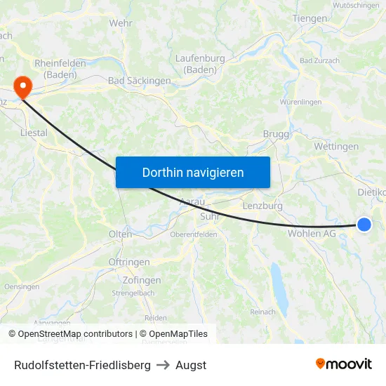 Rudolfstetten-Friedlisberg to Augst map