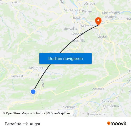 Perrefitte to Augst map