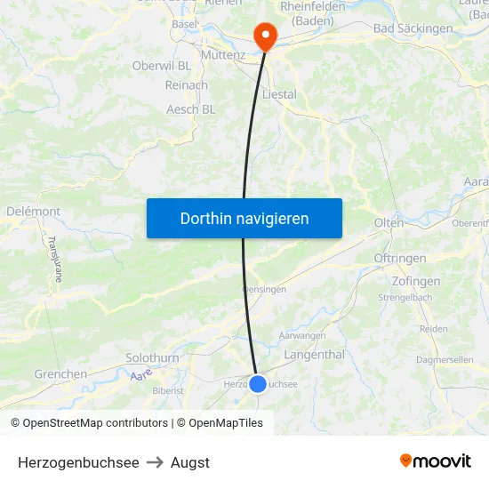 Herzogenbuchsee to Augst map