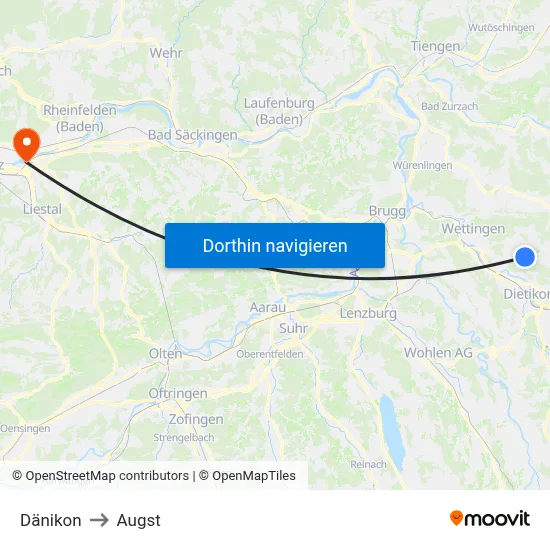 Dänikon to Augst map