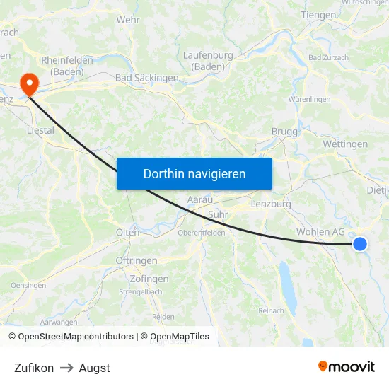 Zufikon to Augst map