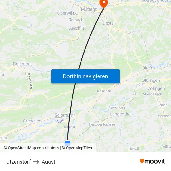 Utzenstorf to Augst map