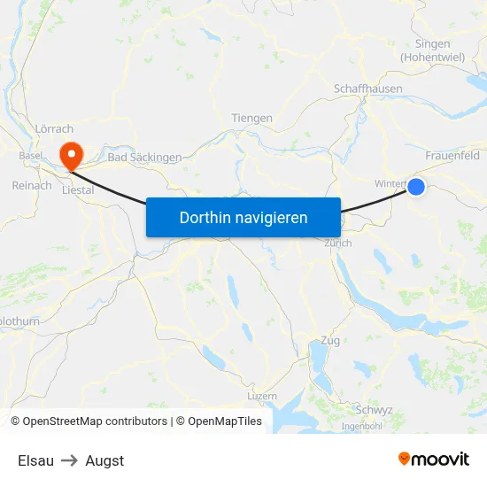 Elsau to Augst map