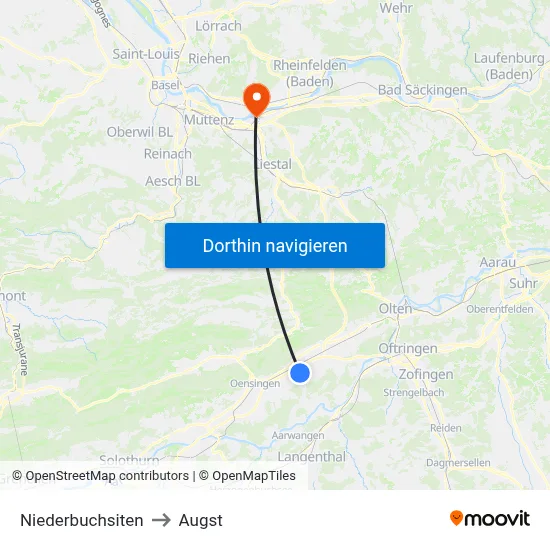 Niederbuchsiten to Augst map
