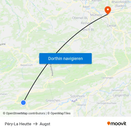 Péry-La Heutte to Augst map