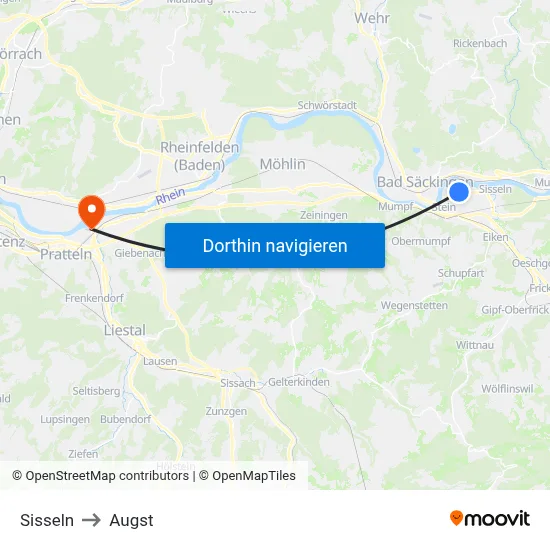 Sisseln to Augst map