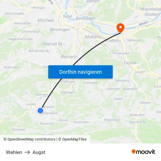 Wahlen to Augst map