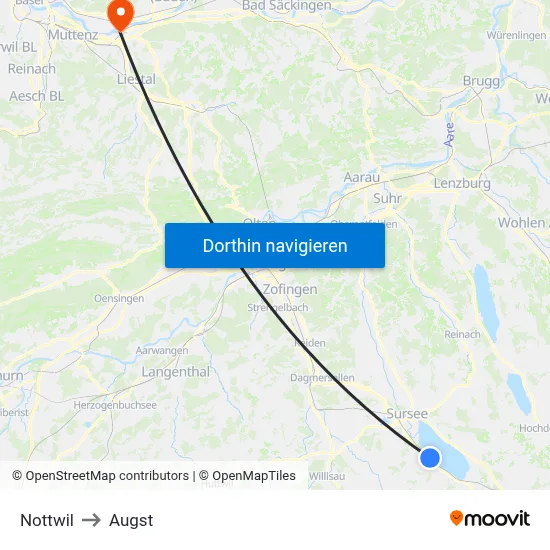 Nottwil to Augst map