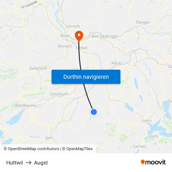 Huttwil to Augst map