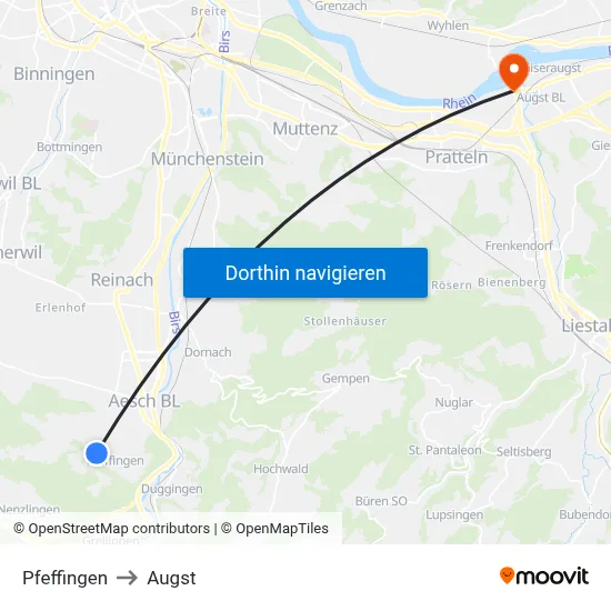 Pfeffingen to Augst map