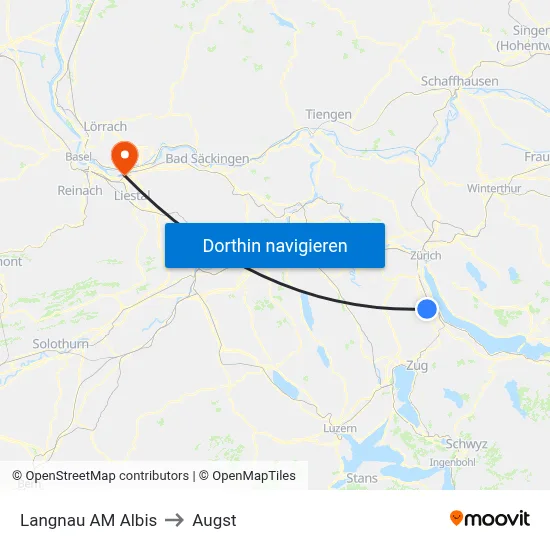 Langnau AM Albis to Augst map