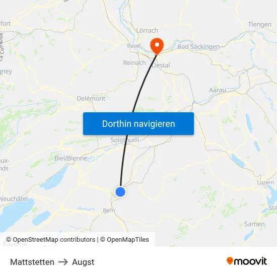 Mattstetten to Augst map