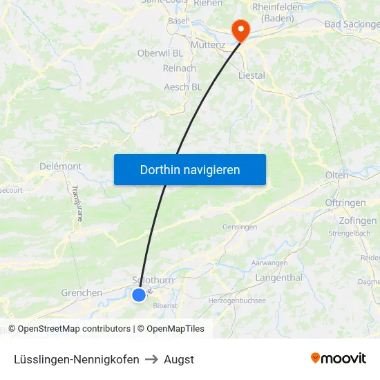 Lüsslingen-Nennigkofen to Augst map
