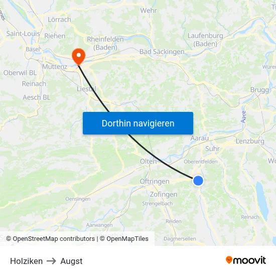 Holziken to Augst map