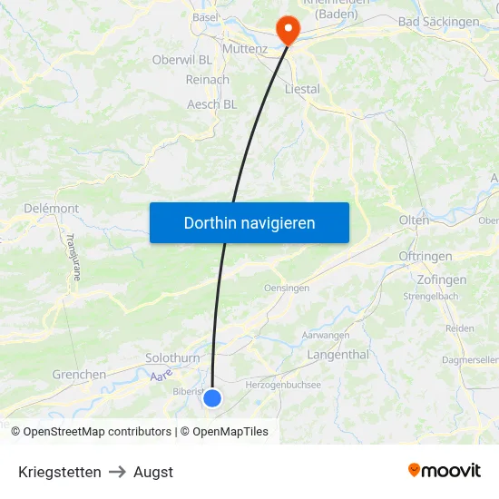 Kriegstetten to Augst map