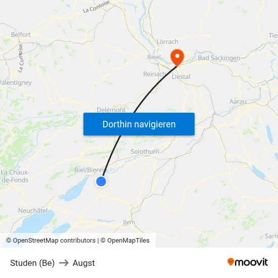 Studen (Be) to Augst map