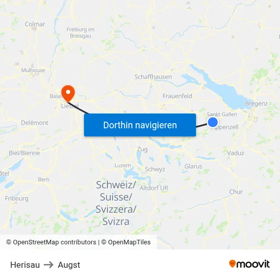 Herisau to Augst map