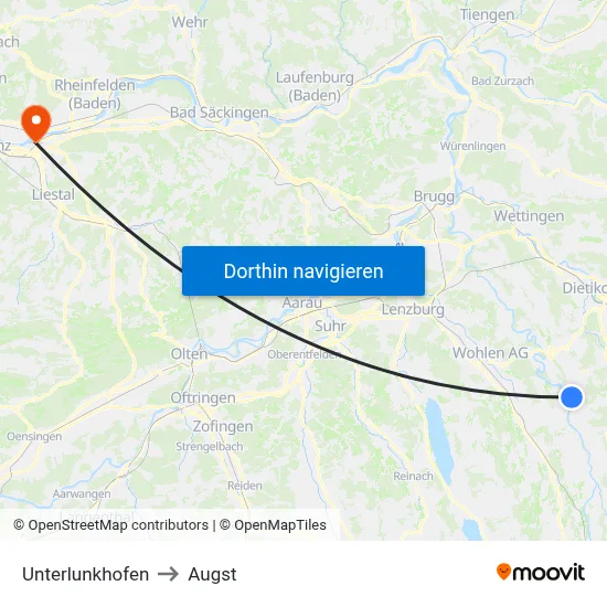 Unterlunkhofen to Augst map
