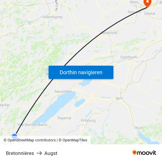 Bretonnières to Augst map