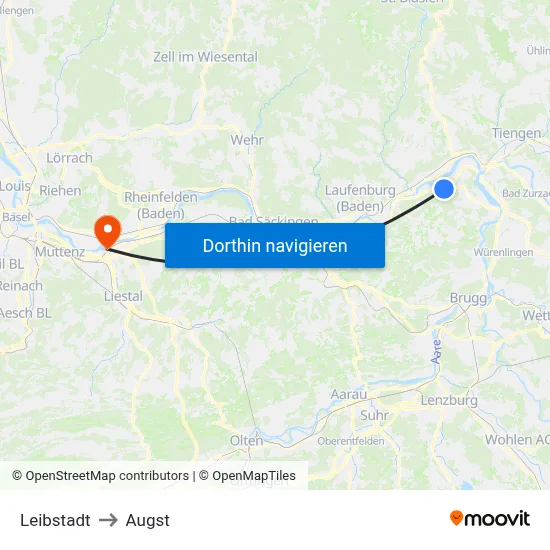 Leibstadt to Augst map