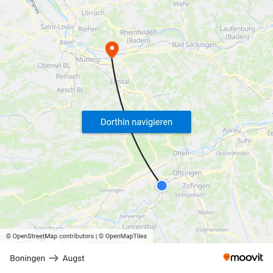 Boningen to Augst map