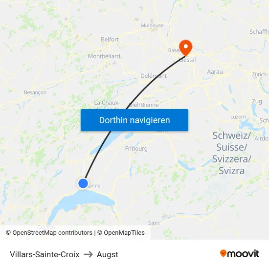 Villars-Sainte-Croix to Augst map
