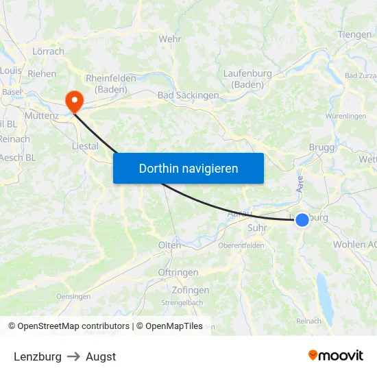 Lenzburg to Augst map