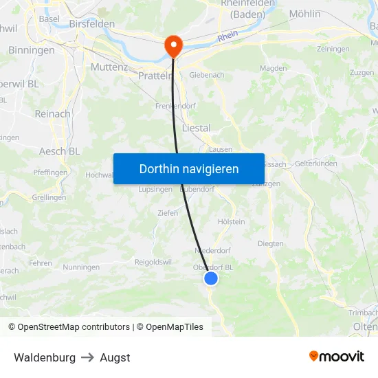 Waldenburg to Augst map