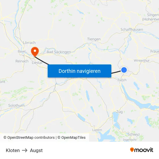 Kloten to Augst map