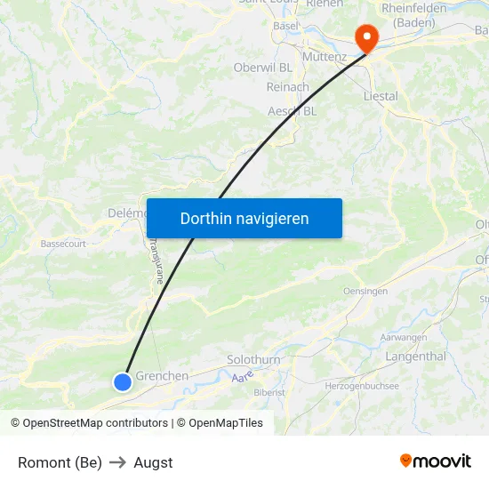 Romont (Be) to Augst map