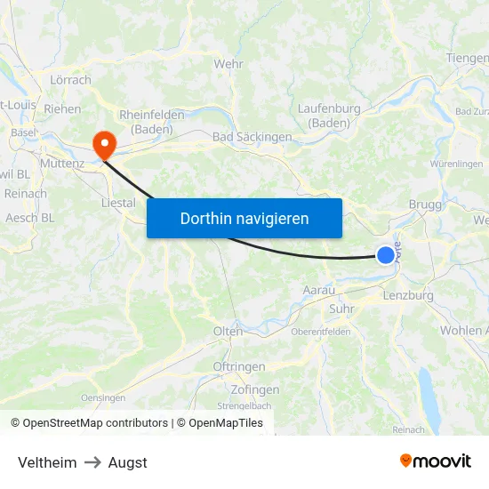Veltheim to Augst map