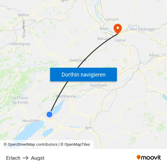 Erlach to Augst map