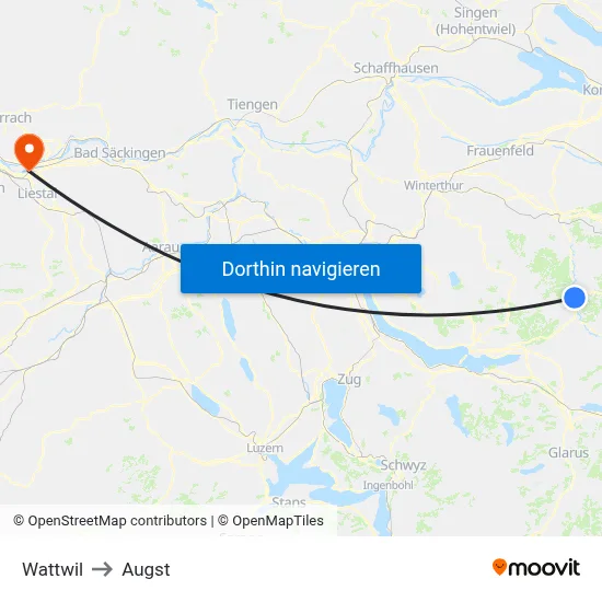 Wattwil to Augst map