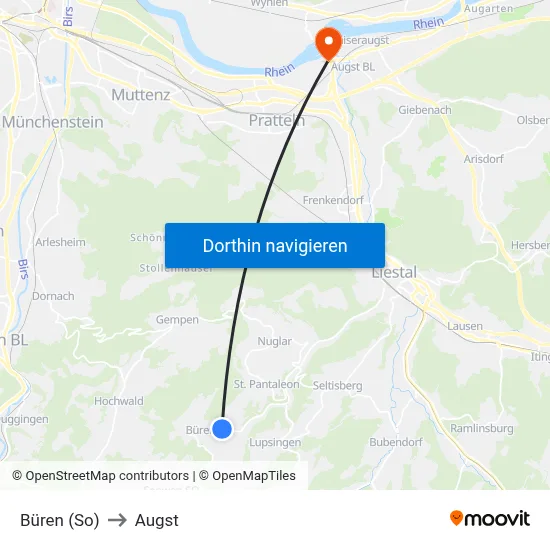 Büren (So) to Augst map