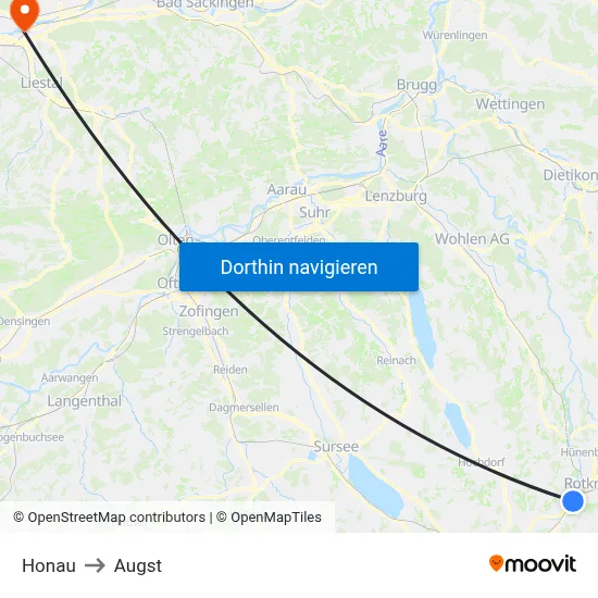 Honau to Augst map