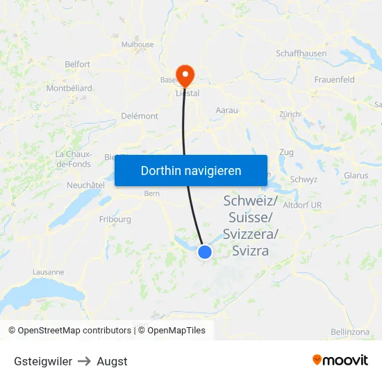 Gsteigwiler to Augst map
