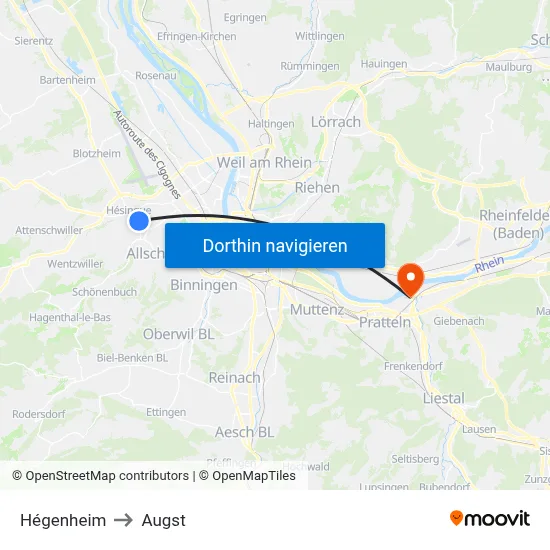 Hégenheim to Augst map