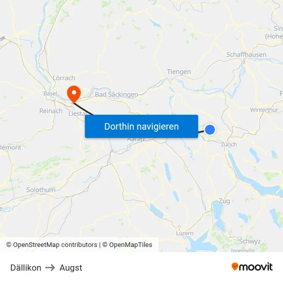 Dällikon to Augst map