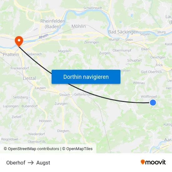 Oberhof to Augst map