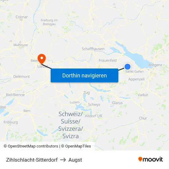 Zihlschlacht-Sitterdorf to Augst map
