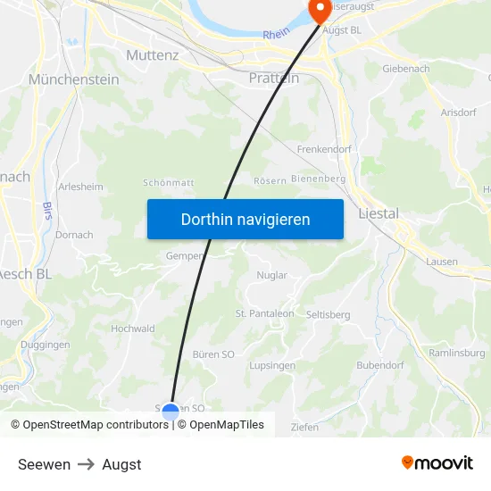 Seewen to Augst map