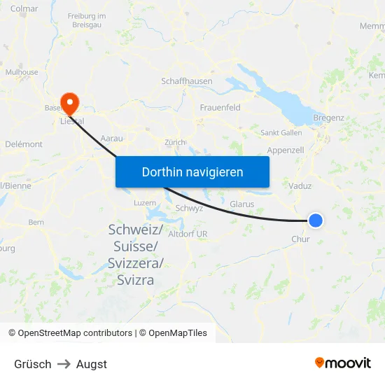 Grüsch to Augst map