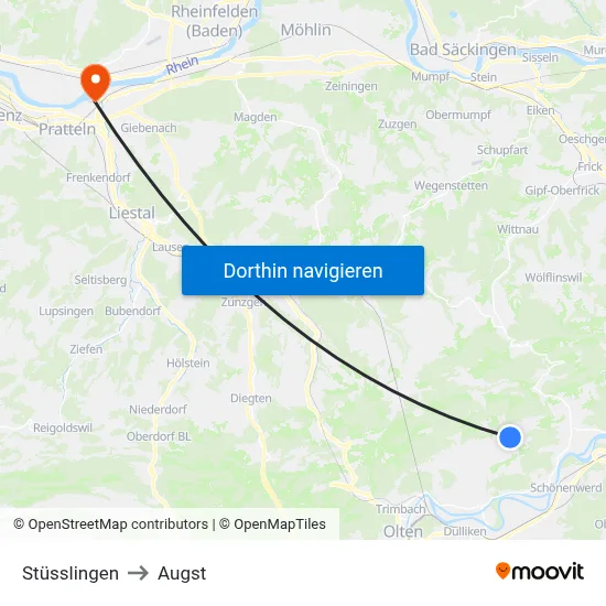 Stüsslingen to Augst map