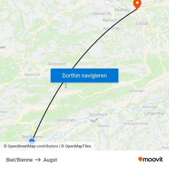 Biel/Bienne to Augst map